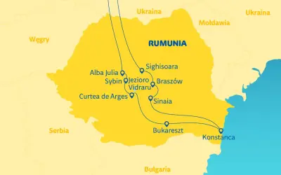 Mapa turystyczna Rumunii z zaznaczonymi miastami i trasami, w tym wybrzeżem Morza Czarnego.