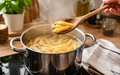 Drewniana łyżka z penne nad garnkiem wrzącej wody. Prosty sposób, jak ugotować makaron al dente.