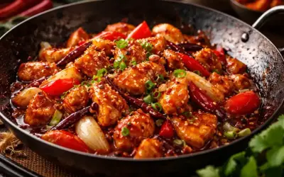 En wok med saftiga kycklingbitar, röd paprika, lök och torkade chilifrukter i en glansig sås till kyckling. Strösslade sesamfrön och grön lök toppar rätten.