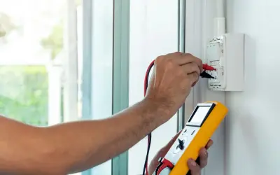 Elektryk mierzy impedancję pętli zwarcia za pomocą żółtego miernika.