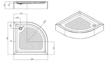 Rysunek techniczny pokazuje, jak zmierzyć kabinę prysznicową półokrągłą. Wymiary: 800x800 mm, promień 550 mm, wysokość 180 mm.