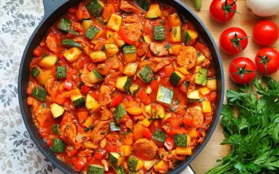 Pyszne leczo Ania gotuje w głębokiej patelni. Widać kawałki cukinii, papryki, kiełbasy i pomidorów w aromatycznym sosie.