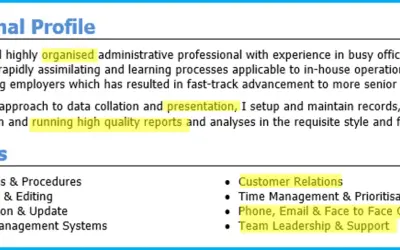 Sekcja "Professional Profile" i "Core Skills" z przykładem, jak napisać CV, podkreślająca umiejętności takie jak "Report Writing".