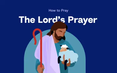 Ilustracja przedstawia Jezusa trzymającego owieczkę, z tekstem "The Lord's Prayer" i "How to Pray". To jak nauczyć się modlitwy Ojcze nasz po angielsku.