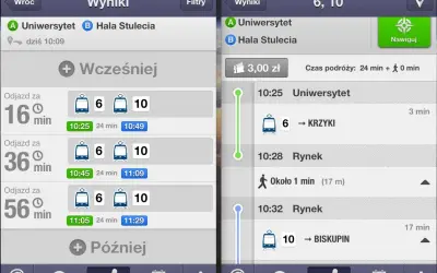Aplikacja jak dojadę pokazuje wyniki wyszukiwania trasy z Uniwersytetu na Halę Stulecia. Dostępne są różne opcje odjazdów i czasy podróży.
