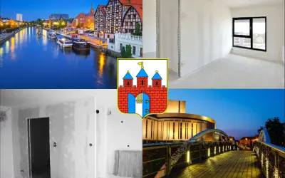 Bydgoszcz: kanał, budynek, herb miasta, wnętrza w remoncie, most.
