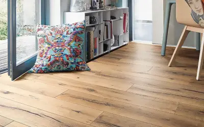 Un suelo laminado de madera clara con un cojín colorido y una estantería llena de libros.