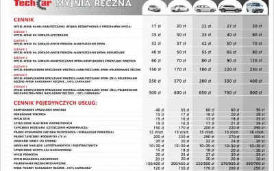Cennik usług myjni ręcznej Techcar. Sprawdź ceny woskowania i kompleksowego sprzątania aut.