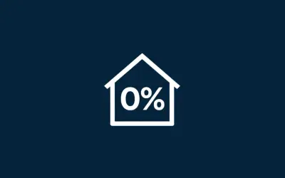 Biały zarys domu z napisem "0%" w środku. Idealny symbol dla kredytu bez wkładu własnego.