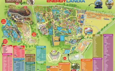 Mapa Energylandii, parku rozrywki o powierzchni ok. 70 ha, z podziałem na strefy: Smoczy Gród, Bajkolandia, Strefa Ekstremalna, Aqualantis, Water Park, Hyperion i Western.