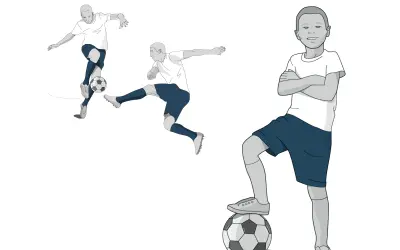 Ilustracja chłopca z piłką i dwóch piłkarzy w ruchu.