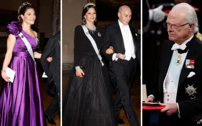 Prinsessan Sofia i svart klänning och tiara, vid sidan av en man i frack. Till vänster prinsessan Victoria i lila klänning. Till höger en man med medaljer. Nobel.