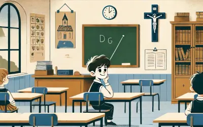 Klasa z krzyżem na ścianie. Dzieci siedzą w ławkach, ucząc się. To lekcja religii w szkole.