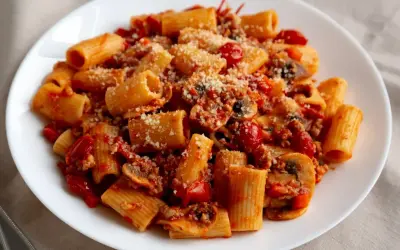 Pyszny makaron z sosem pomidorowym, grzybami i parmezanem na białym talerzu.