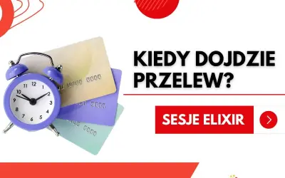 Budzik i karty płatnicze symbolizują czas oczekiwania na przelew. Santander księgowanie sesji Elixir.