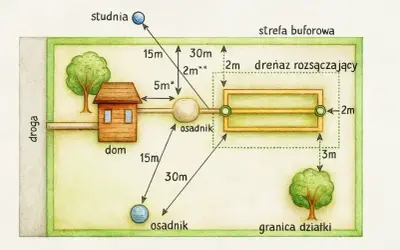 Schemat działki z domem, studnią, osadnikiem i drenażem rozsączającym. Pokazuje odległości między elementami, np. 15m od osadnika do studni.