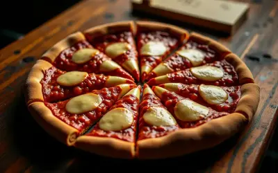 Pokrojona w trójkąty pizza z sosem pomidorowym i serem na drewnianym stole.