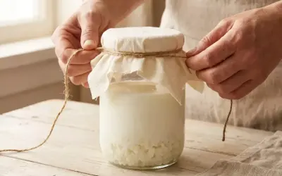 Hände binden ein Tuch mit Schnur um ein Glas mit Kefir-Körnern und Milch. So einfach kann man Kefir selber machen.