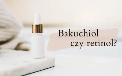 Biała buteleczka z pipetką i złotym wykończeniem. Obok tekst: "Bakuchiol czy retinol?". Dowiedz się, co to bakuchiol.