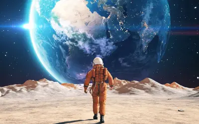 Samotny astronauta na Księżycu podziwia Ziemię.