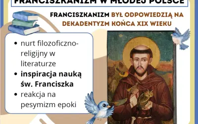 Franciszkianizm w Młodej Polsce: nurt filozoficzno-religijny, inspiracja nauką św. Franciszka, reakcja na pesymizm epoki. Obraz przedstawia św. Franciszka z ptakami.