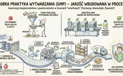 Schemat ilustruje proces GMP, gdzie jakość jest budowana na każdym etapie, od surowców po dystrybucję, zapewniając bezpieczeństwo i powtarzalność.