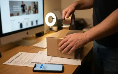 Praca nad działalnością nierejestrowaną limit. Pakowanie paczki, komputer z otwartym sklepem internetowym, telefon z wiadomością.