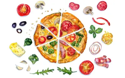 Wesołego międzynarodowego dnia pizzy! Kolorowe składniki: pomidory, oliwki, brokuły, ser, salami, grzyby, cebula, czosnek, bazylia i rukola, otaczają pyszny kawałek pizzy.