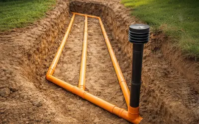 Instalacja gruntowego wymiennika ciepła: pomarańczowe rury w wykopie ziemnym, połączone z pionowym czarnym elementem.