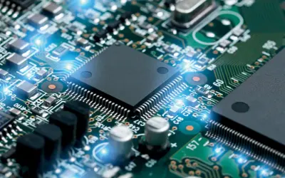 Zbliżenie na płytę główną z procesorem i niebieskimi błyskami energii. To serce technologii, gdzie wszystko działa ble.
