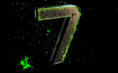 Trójwymiarowa cyfra 7 z kamienia, otoczona zieloną energią i iskrzącymi drobinkami. Symbolizuje numerologiczną 7.