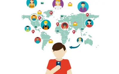 Globalny **network** ludzi połączonych przez smartfon. Ikony osób i kopert na mapie świata symbolizują komunikację.