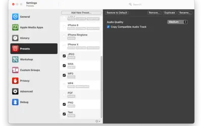 Macintosh settings showing presets, with MP3 audio selected and audio quality set to medium.