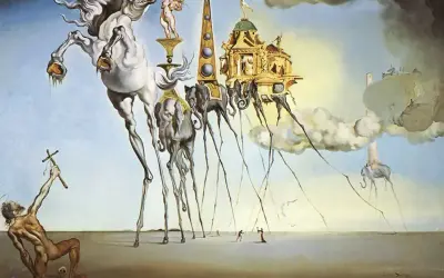 Surrealizm w czystej postaci: koń na szczudłach, słonie z długimi nogami, unoszące się budowle i postać z krzyżem.