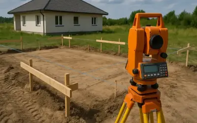 Precyzyjne wyznaczenie fundamentów domu. Geodeta cena za punkt jest kluczowa dla dokładności prac budowlanych.