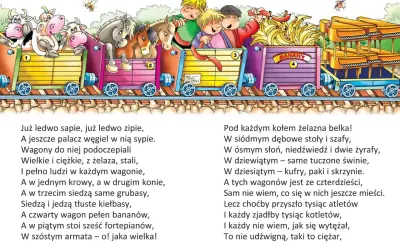 Pociąg z wierszy Juliana Tuwima: krowy, konie, banany, fortepiany i słonie w wagonach.