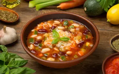 Un fumante minestrone di verdure, ricco di fagioli, zucchine e carote, guarnito con basilico fresco e parmigiano.