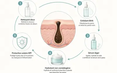 Schéma d'une routine de soins pour la peau, montrant comment désincruster les pores obstrués par des comédons ouverts et du sébum.