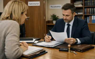 Mężczyzna w garniturze wyjaśnia kobiecie, ile kosztuje poświadczenie dziedziczenia u notariusza.