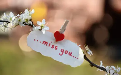 Biała kartka z napisem "miss you" i serduszkiem, przyczepiona do kwitnącej gałązki. Wyrazy współczucia po angielsku.