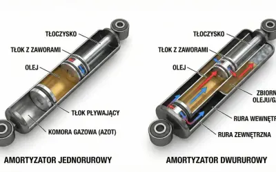 Schemat amortyzatorów: jednorurowego i dwururowego. Pokazują tłoczysko, tłok z zaworami, olej i komorę gazową. Wybierz najtrwalsze amortyzatory dla swojego pojazdu.