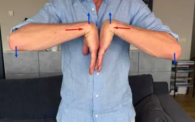 Man visar övningar för att lindra kramp i handleden. Blå pilar visar rörelseriktning, röda pilar visar stretch.
