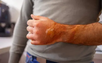 Schwere Verbrennungen 3. Grades an Hand und Unterarm, mit Blasenbildung und Rötung.