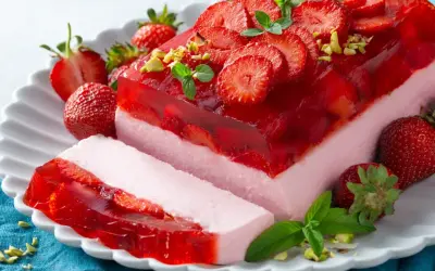 Pyszny sernik na zimno z galaretką i truskawkami, udekorowany miętą i pistacjami. Idealny na letnie popołudnie.