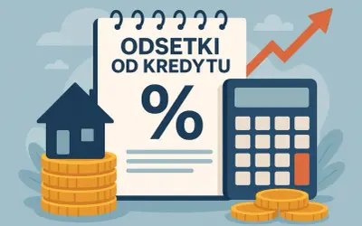 Ilustracja pokazuje, jak obliczyć koszty kredytu: dom na monetach, kalkulator, procent i rosnący wykres.