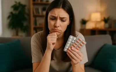 Zmartwiona kobieta trzyma dwa opakowania tabletek, zastanawiając się, czy paracetamol jest przeciwzapalny.