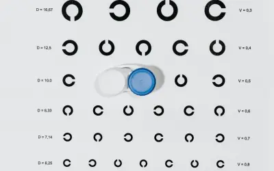 Tabela optometryczna z cyframi i otwartymi okręgami, obok pojemnik na soczewki kontaktowe.