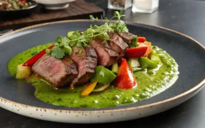 Un plat de onglet de veau tranché, servi avec des légumes colorés et une sauce verte vibrante sur une assiette sombre.