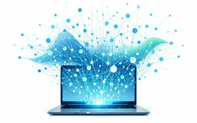 Laptop z siecią neuronową, symbolizującą zaawansowany tryb AI, rozprzestrzeniającą się w przestrzeni.