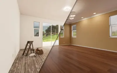 Antes y después de cambiar el suelo de una casa. A la izquierda, un suelo de madera rústico con herramientas de bricolaje. A la derecha, un suelo de madera pulido y brillante.